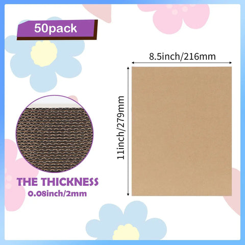 50 Pack 8.5X11 Corrugated Cardboard Sheets Flat Cardboard Inserts For Shipping Packing And DIY Crafts Built Tough As Nails Sturdy Three Layer E Flute Construction Protects Items During Transit And Makes Packing Quick And Easy with measurements and thickness details shown