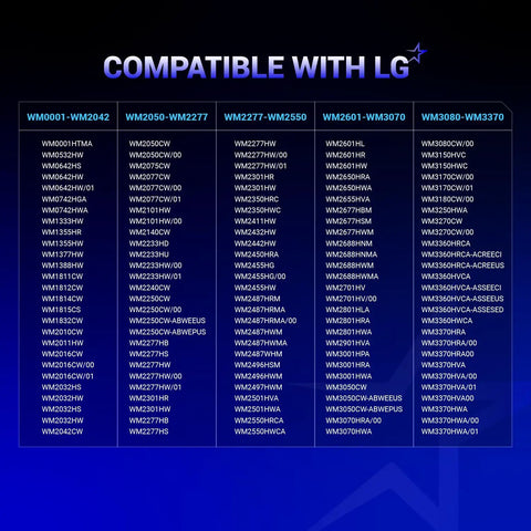 Compatibility chart for Plug And Play Drain Pump 4681EA2001T For LG Washers Like WM3170CW WM8000HVA with listed models.