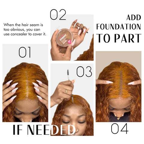 Step-by-step guide on adding foundation to wig part for blending, featuring Wide Wig Grip Band for Lace Front Wigs