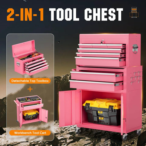 Pink 8 Drawer Rolling Tool Chest With Wheels Lockable 2 In 1 Detachable Tool Cabinet With Drawers And Black Liners