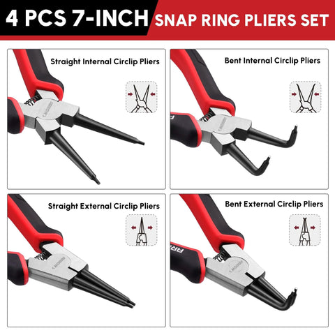 Heavy Duty Snap Ring Pliers Set 4 Piece 7 Inch Circlip Pliers Kit With Internal And External Pliers Straight And Bent Jaws