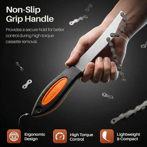 Heavy Duty Chain Whip Bike Tool For Easy Cassette Removal With Non Slip Rubber Grip Handle held in hand