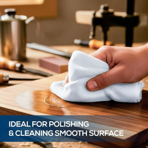 Hand polishing wood with Bulk Jersey Knit T Shirt Rags Poly Cotton Cleaning Cloths For Painting Polishing Auto Shops And Bar Work 25 Lb Box White Wiper Rags For Industrial Use.