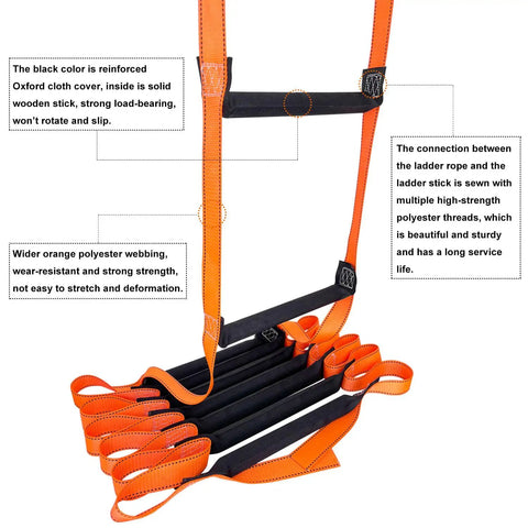 Fire Escape Rope Ladder Sixteen Point Four Feet Emergency Ladder For Two To Three Story Homes Beefy Heavy Duty Safety Rope Ladder For Kids And Adults Solid Steps High Strength Polyester Webbing Easy Quick Exit, showing detailed material