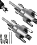 Two Piece Pipe Threading Tool Kit For Water Pipes With Half Inch And Three Quarter Inch Internal And External Threaders Alloy Steel Construction Drill Compatible Grab And Go DIY Plumbing Solution For Home And Pro Projects, showing alloy steel threaders and drill compatibility.