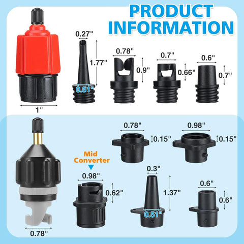Inflatable Paddle Board Pump Adapter Kit With Boat Standard Valve Converters And Nozzle Set diagram with measurements