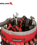 Red and black Bucket Tool Organizer Caddy Fits 3.5 to 5 Gallon Buckets, 51 Pockets for Garden, Construction, tools visible inside.