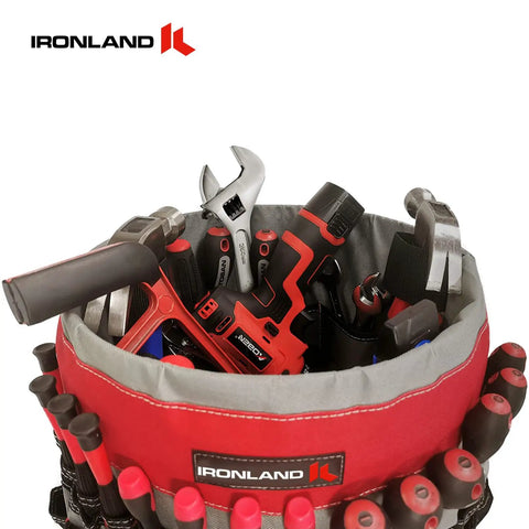 Red and black Bucket Tool Organizer Caddy Fits 3.5 to 5 Gallon Buckets, 51 Pockets for Garden, Construction, tools visible inside.