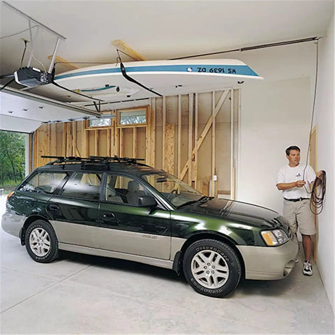 Overhead Garage Hoist System For Lightweight Cargo Carrier To Tuck Kayaks Canoes And Paddle Boards Up High Four Point Hoist 60 LB Max