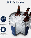 7 Liter Insulated Ice Bucket With Lid, Scoop And Tongs filled with ice and beer bottles, showing durability and insulation