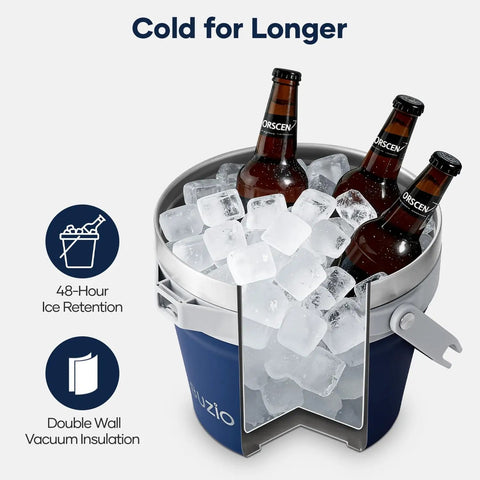 7 Liter Insulated Ice Bucket With Lid, Scoop And Tongs filled with ice and beer bottles, showing durability and insulation