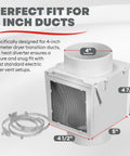 No Brainer Extra Heat Dryer Saver For 4 Inch Ducts With Two 4 Inch Plastic Clamps showing dimensions and design.