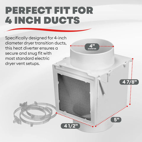 No Brainer Extra Heat Dryer Saver For 4 Inch Ducts With Two 4 Inch Plastic Clamps showing dimensions and design.