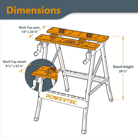 Diagram of Portable Small Workbench With Vise And Ruler Protractor Scale, Folding Sawhorse Worktable dimensions