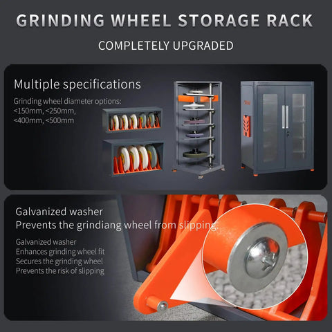 Grinding Wheel And Sandpaper Holder Storage Rack with multiple diameter options and galvanized washer on display.