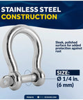 772 Pound Load 1/4 Inch 316 Marine Grade Stainless Steel Bow Anchor Shackle Smooth Screw Pin Build High Polish Finish
