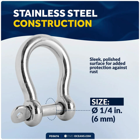 772 Pound Load 1/4 Inch 316 Marine Grade Stainless Steel Bow Anchor Shackle Smooth Screw Pin Build High Polish Finish