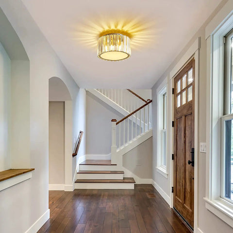 Modern Ceiling Light Fixture Mini Flush Mount Crystal Chandelier For Hallway Bedroom And Bathroom, gold finish in hallway