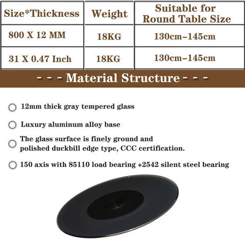 Specifications and features of Heavy Duty 31 Inch Lazy Susan Turntable with Tempered Glass and Aluminum Base