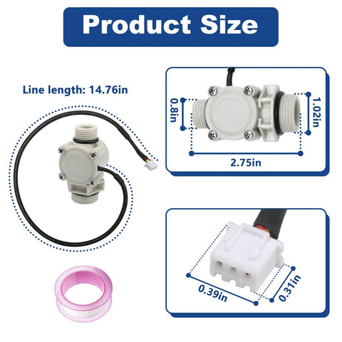 Tankless Water Heater Flow Sensor Replacement For Ecosmart ECO 18 ECO 24 ECO 27 And ECO 36 Keeps Hot Water Flowing No Fuss Install Durable Sensor For Reliable On Demand Heat. product size with 14.76in cable and 2.75in sensor body