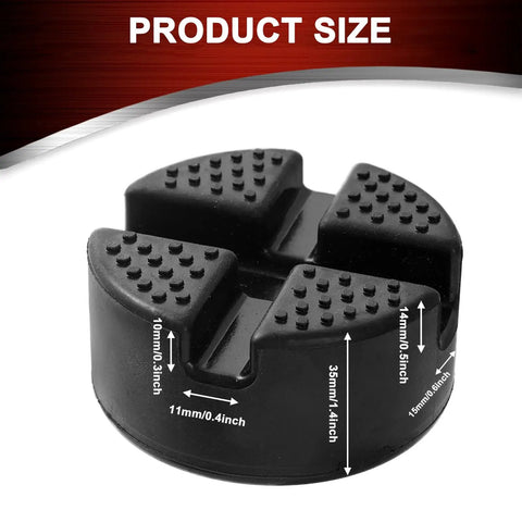 Universal Heavy Duty Rubber Jack Pad For Floor Jacks And Stands with measurements shown, slotted pad design, rubber material