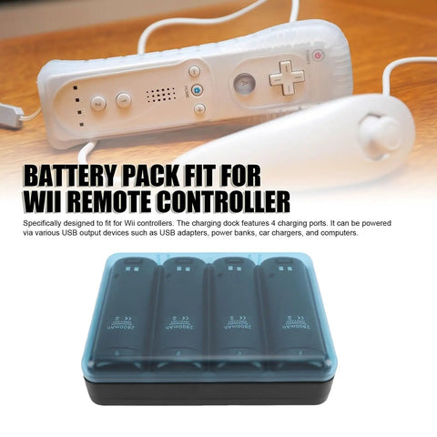 4 In 1 Wii Remote Charging Station With 4X 2800mAh Rechargeable NiMH Batteries USB Cable And Plugs For Quick Mess Free Playtime, showing charging dock and remotes.