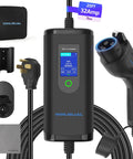 Heavy Duty Portable EV Charger Level 2 with 25 FT cord, Nema 14-50 plug, 32 Amp, digital display, and SAE J1772 connector.