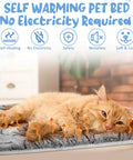 Cat lounging on Self Warming Cat Mat And Self Heating Pet Bed That Traps Body Heat Machine Washable Reversible Crate Blanket.