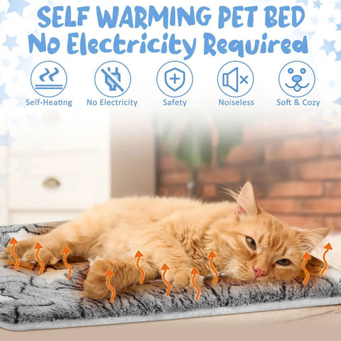 Cat lounging on Self Warming Cat Mat And Self Heating Pet Bed That Traps Body Heat Machine Washable Reversible Crate Blanket.