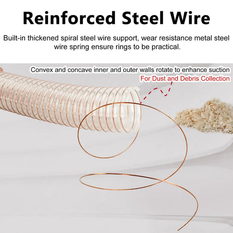 Built Tough Flexible Dust Collector Hose Featuring Puncture Resistant Walls And Snug Seal Clamp For No Fuss Heavy Duty Woodshop Smoke Extraction Work, showing reinforced steel wire and suction design.