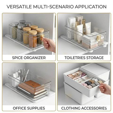 Smooth As Silk Drawer Slides Two Pack No Drill Pull Out Rails For Cabinet Organizers shown in multi-use storage scenarios
