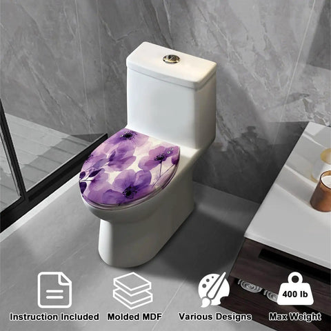 Elongated Toilet Seat Replacement Slow Close for Bathroom with purple floral design on a molded MDF seat, supports up to 400 lbs.
