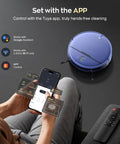 Person using smartphone app with 2 In 1 Robot Vacuum And Mop With WiFi And App Control, Ultra Slim Quiet Cleaner shown nearby.