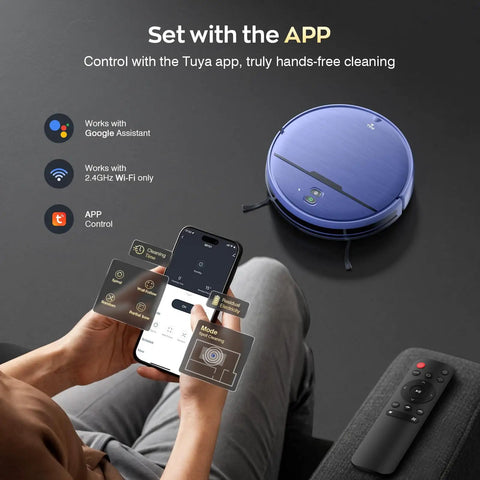 Person using smartphone app with 2 In 1 Robot Vacuum And Mop With WiFi And App Control, Ultra Slim Quiet Cleaner shown nearby.