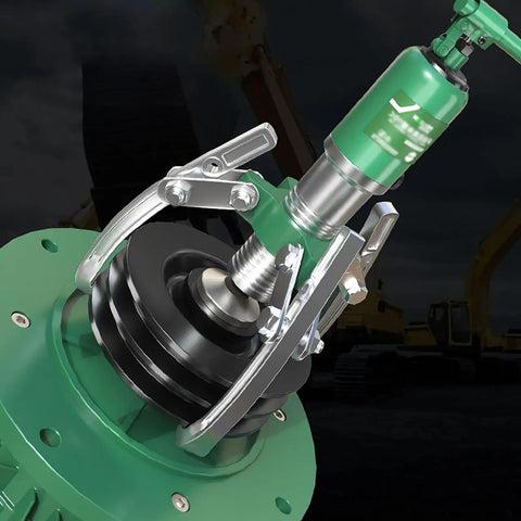 Close-up of Heavy Duty Hydraulic Gear Puller Built Tough With Seamless Forged Steel Jaws for bearing extraction.