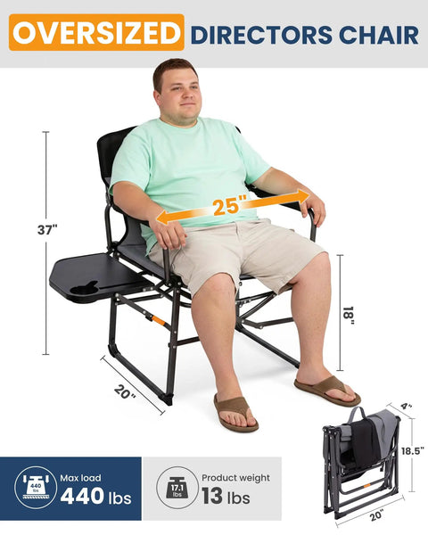 Oversized Camping Directors Chair With Side Table, Heavy Duty 440 Lb Load, Padded Folding Chair For Big And Tall Comfort