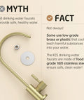 RO Water Filter Faucet for Home Kitchen Use No Fuss Non Air Gap Style, 304 Stainless Steel Brushed Gold Finish shown with parts and myth-fact text