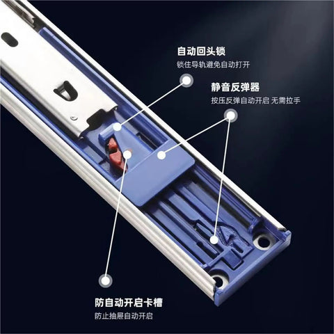 Close-up of Stainless Steel Drawer Slides With Rebound Buffer 20 Inch Length Three Section Rails for cabinets and drawers.