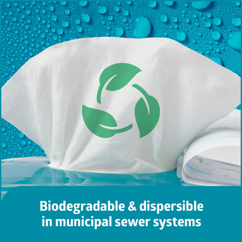On-The-Go Travel Size Flushable Wipes Unscented With Aloe Biodegradable Wet Wipes next to water and green recycle icon.