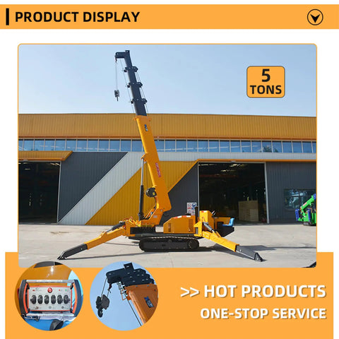 Killer Heavy Duty Hydraulic Crawler Crane With Telescopic Boom And Fly Jib, 5 tons capacity, designed for tight spots outdoors.