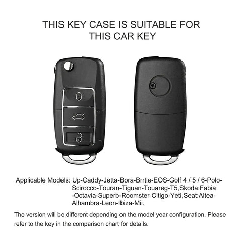 Volkswagen Key Fob Cover showing front and back views, compatible with models like Jetta, Golf, and Beetle. For VW key protection.