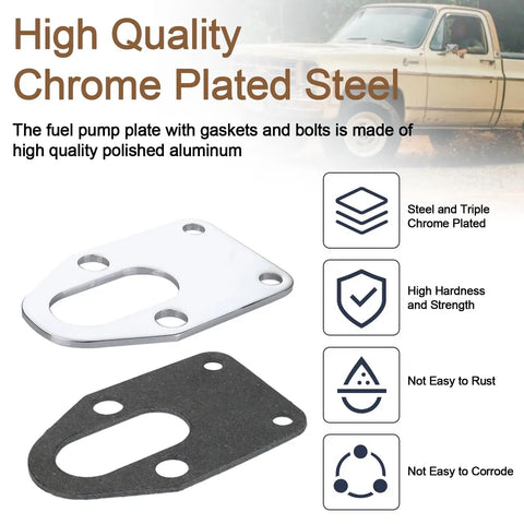 Chrome Fuel Pump Mounting Plate With Bolts For Small Block Chevy SBC Engines, Block Off Plate With Mounting Plate Gasket, Fits 265 283 302 305 327 350 383 400 SBC, Plug And Play Install, No Brainer Upgrade, Durable Steel Construction. Chrome fuel pump mounting plate with gasket and bolts shown