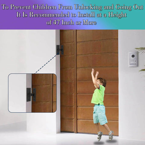 Child reaching for a stainless steel 90 degree right angle sliding door lock for barn doors, matte black finish, on a wooden door.