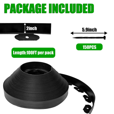 100 Ft No-Dig Garden Edging 2 Inch Flexible Landscape Border DIY Friendly Heavy Duty Plastic Lawn Edge With 150 Stakes Weed Barrier Border Package