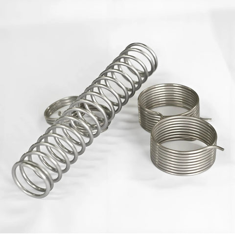 Stainless steel music-wire spring wire and circular coil rings; long 15.7 in length, 0.2–3 mm diameter.