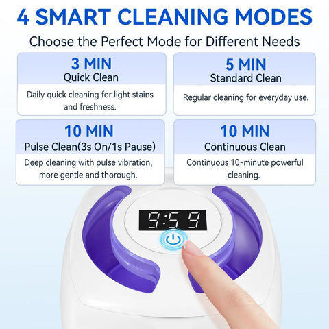 Ultrasonic Cleaner For Retainers And Dentures With 340ml Tank, showing 4 smart cleaning modes on control panel.