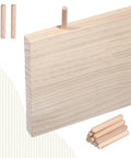 Close-up of 100 Count 1/4 Inch Wood Dowel Pins, 1/4 X 1-1/2 Inch fluted hardwood dowels in a board for solid furniture making.