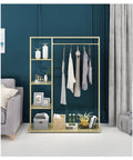 Heavy Duty Portable Gold Metal Clothes Closet Rack With Five Extra Storage Shelves And Solid Hanging Bar For Hang Your Fits And Kicks Top Tier Wardrobe Organizer For Small Rooms in blue wall setting with clothes and decor.