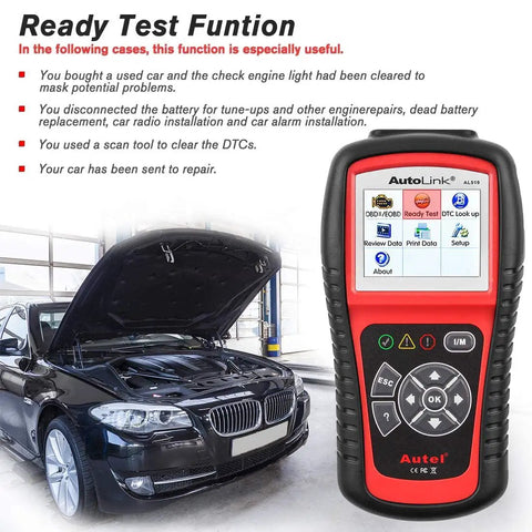 AL519 OBD2 Scanner Pro Car Diagnostic Tool next to an open hood car, showing uses for smog checks and engine diagnostics.