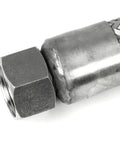 Close-up of Heavy Duty 304 Stainless Steel 1 X 36 Braided Discharge Hose For Air Compressor 900 Psi with metal fittings.